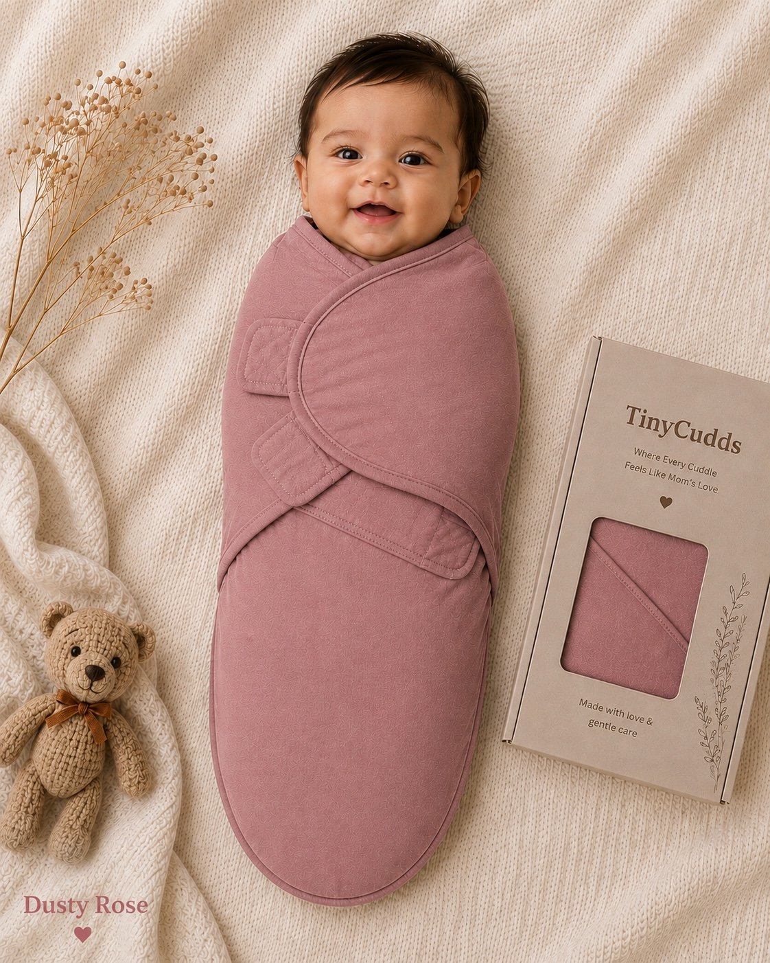 TinyCudds Cozy Wrap – Dusty Rose | Organic Cotton Baby Swaddle