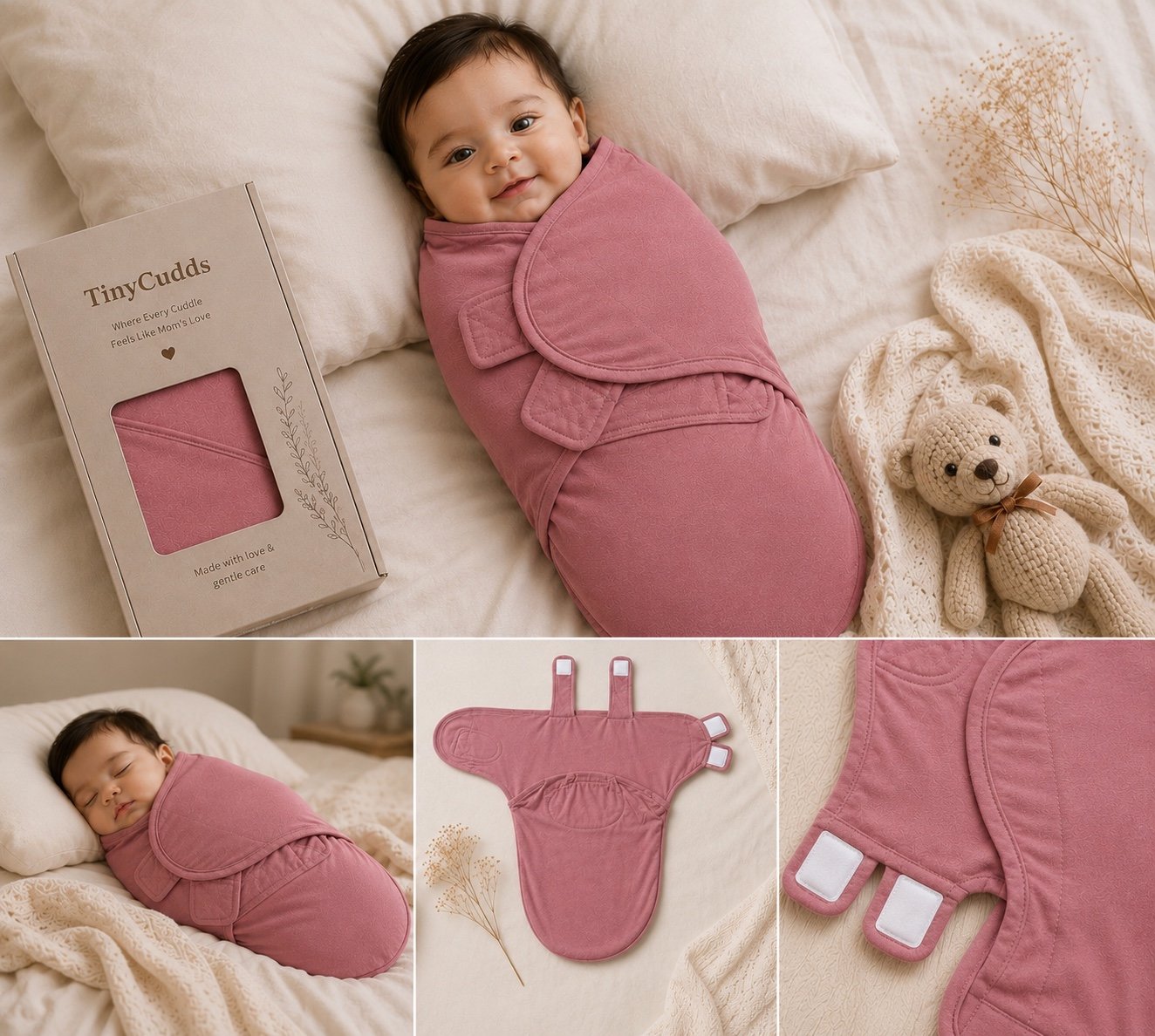 TinyCudds Cozy Wrap – Dusty Rose | Organic Cotton Baby Swaddle - Image 9