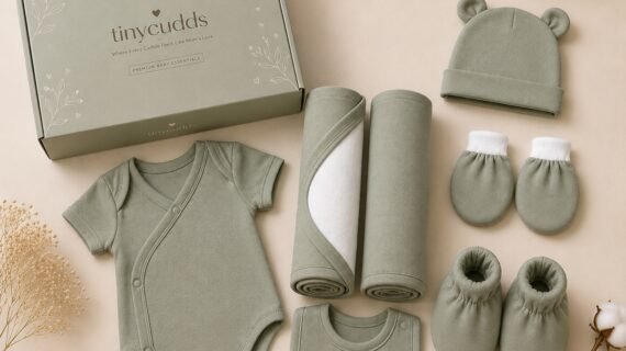 TinyCudds Welcome Little One Gift Box – Ash Green | 7-Piece Baby Gift Set
