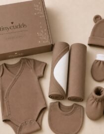 TinyCudds Welcome Little One Gift Box – Mocha | 7-Piece Baby Gift Set