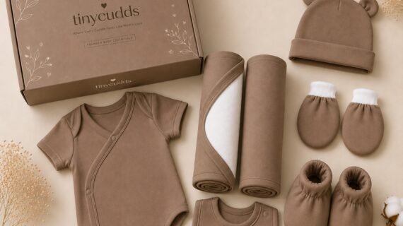 TinyCudds Welcome Little One Gift Box – Mocha | 7-Piece Baby Gift Set