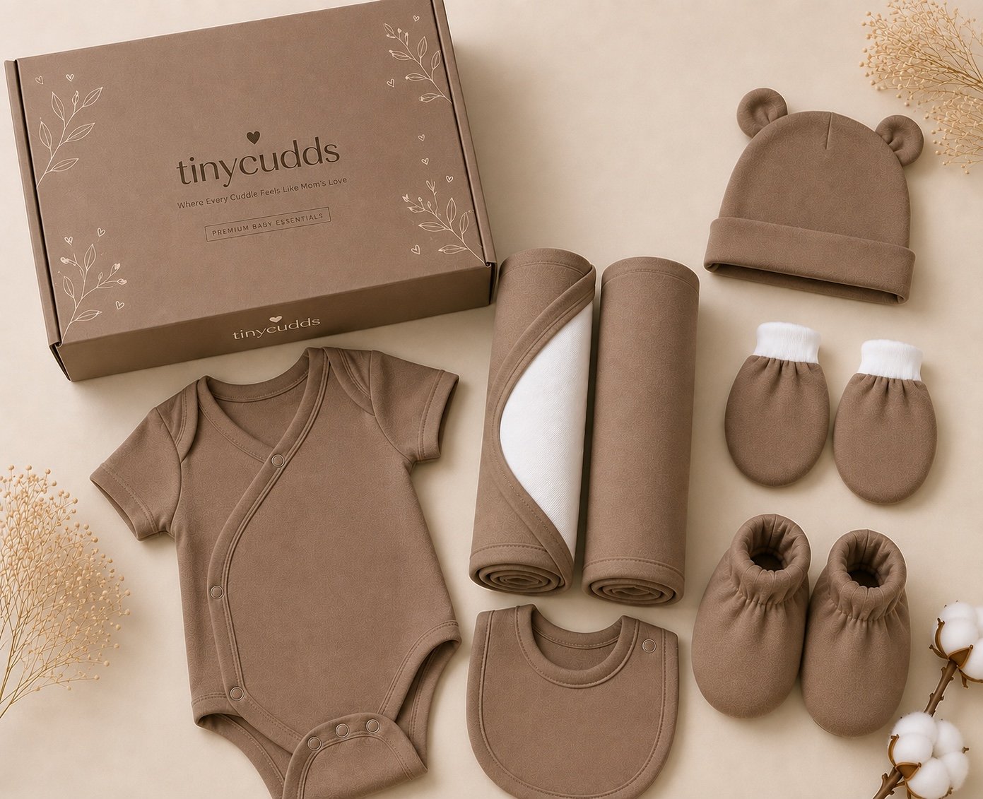 TinyCudds Welcome Little One Gift Box – Mocha | 7-Piece Baby Gift Set