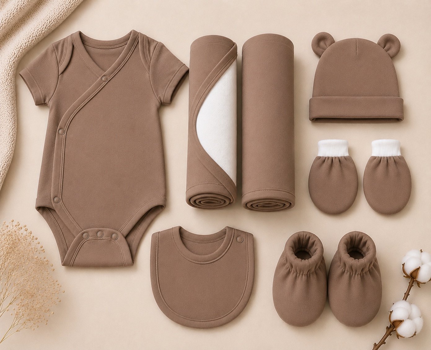 TinyCudds Welcome Little One Gift Box – Mocha | 7-Piece Baby Gift Set - Image 2