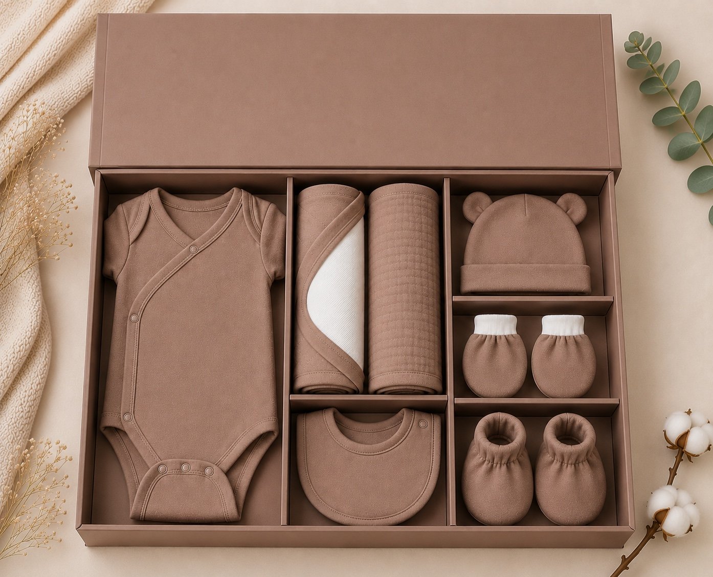 TinyCudds Welcome Little One Gift Box – Mocha | 7-Piece Baby Gift Set - Image 4